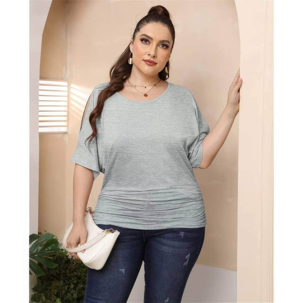 Plus Size Round Neck Cut Out Sleeves Ruched Top