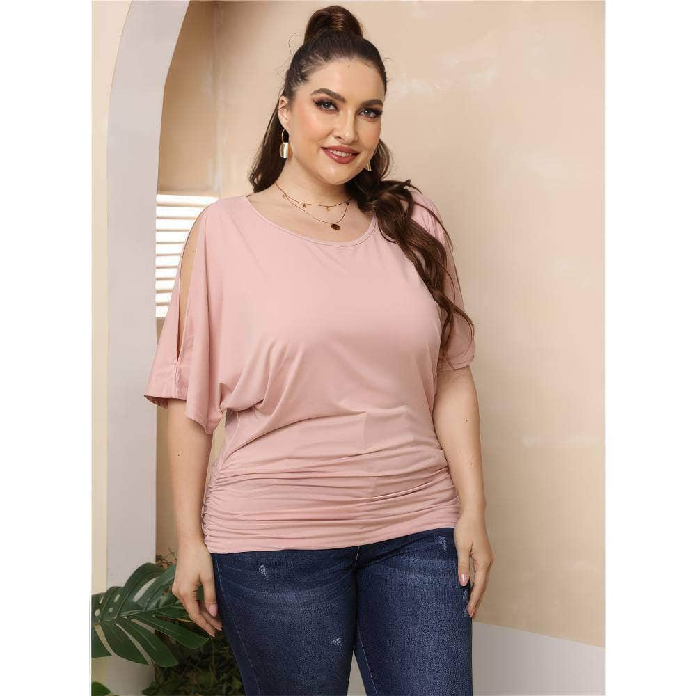 Plus Size Round Neck Cut Out Sleeves Ruched Top