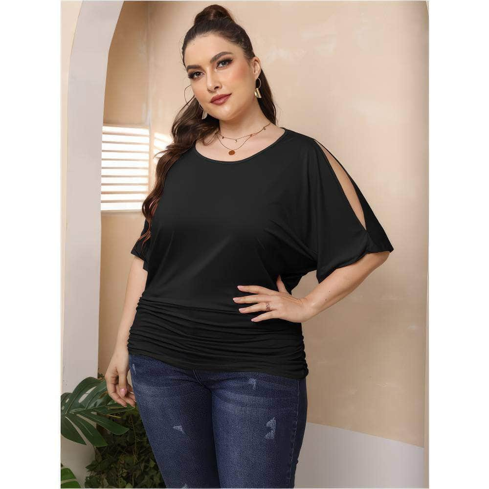 Plus Size Round Neck Cut Out Sleeves Ruched Top US 16-18 / Black