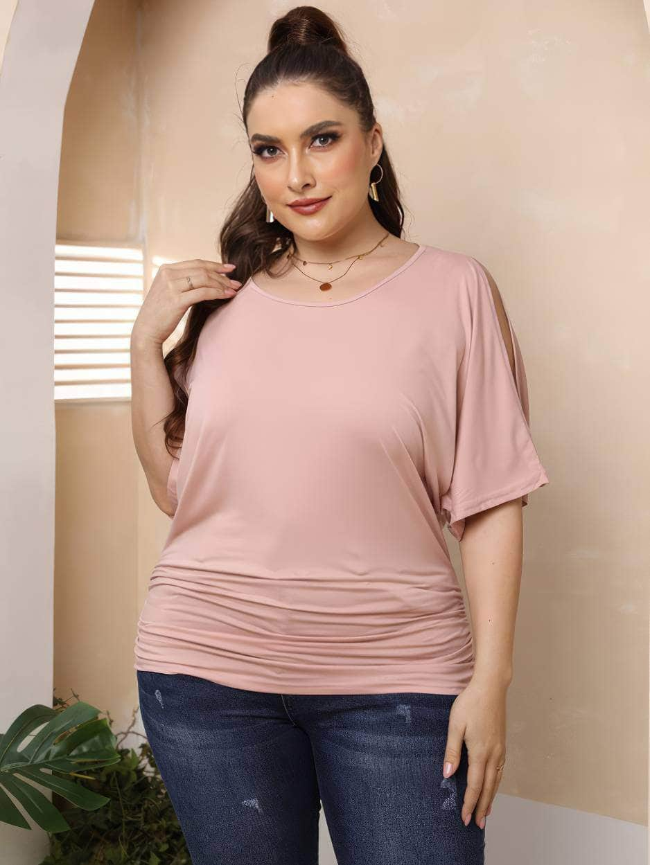 Plus Size Round Neck Cut Out Sleeves Ruched Top US 16-18 / Pink