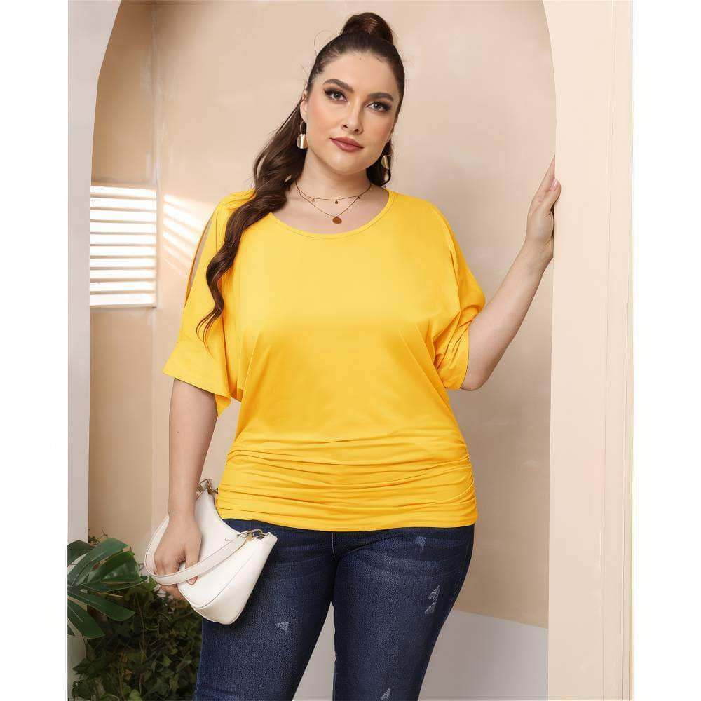 Plus Size Round Neck Cut Out Sleeves Ruched Top US 16-18 / Yellow