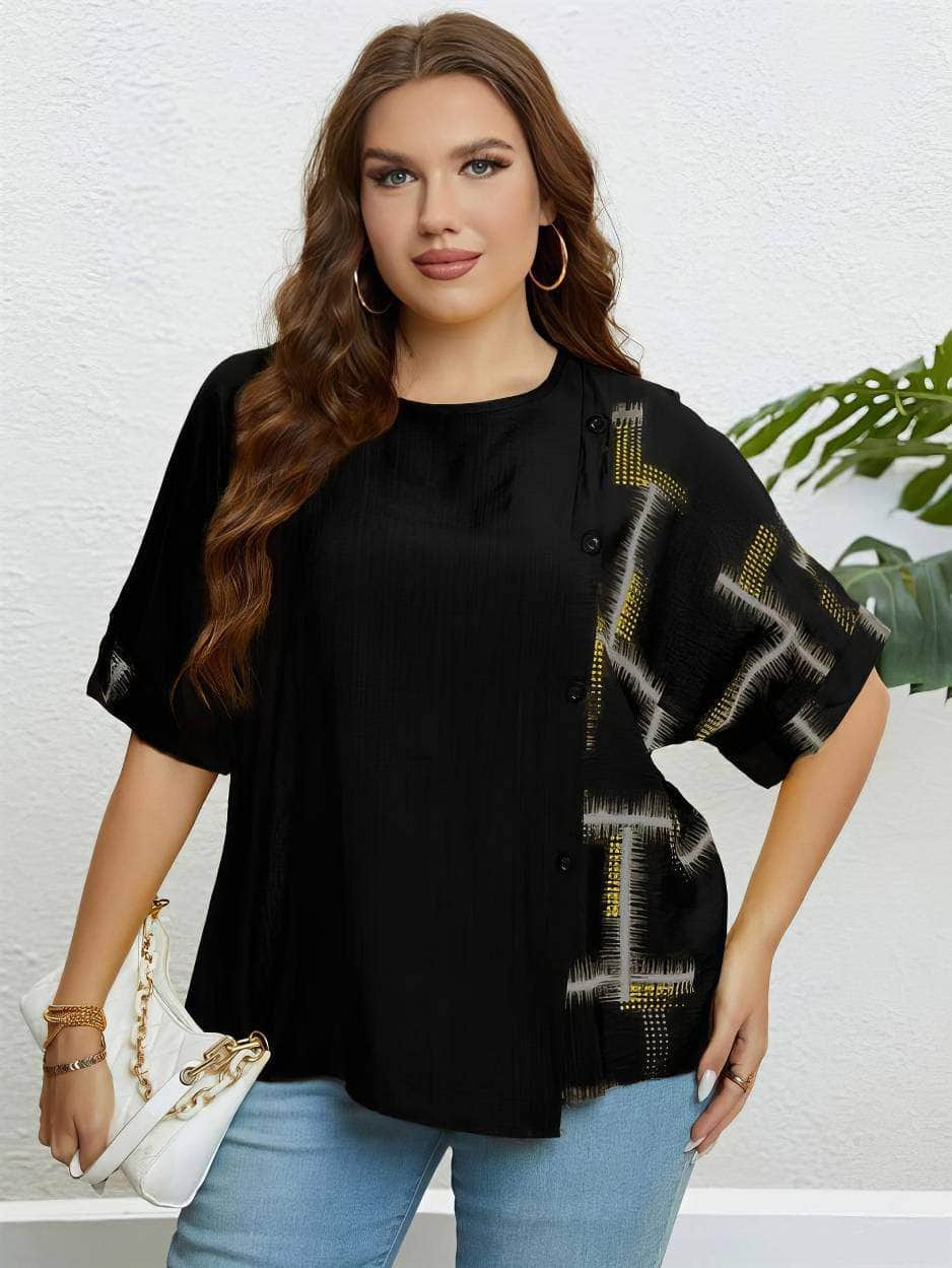 Plus Size Round Neck Geometric Print Shirt