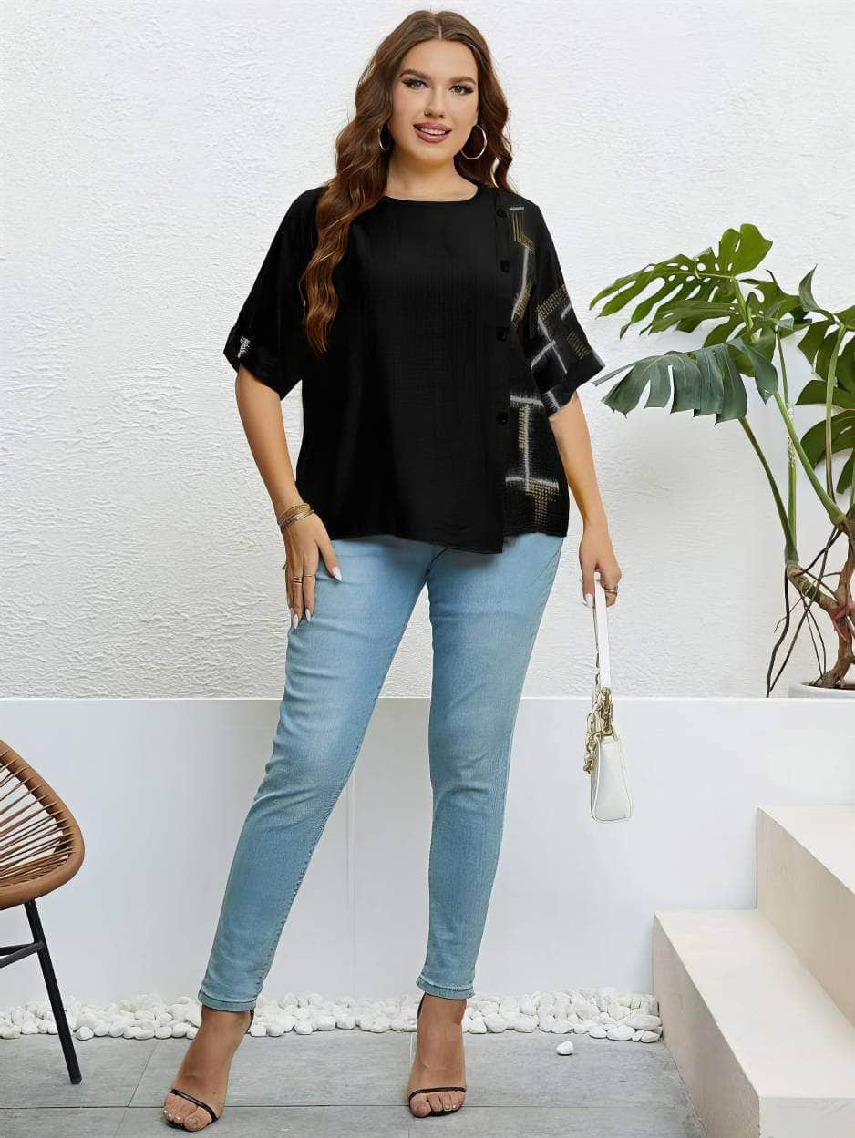 Plus Size Round Neck Geometric Print Shirt