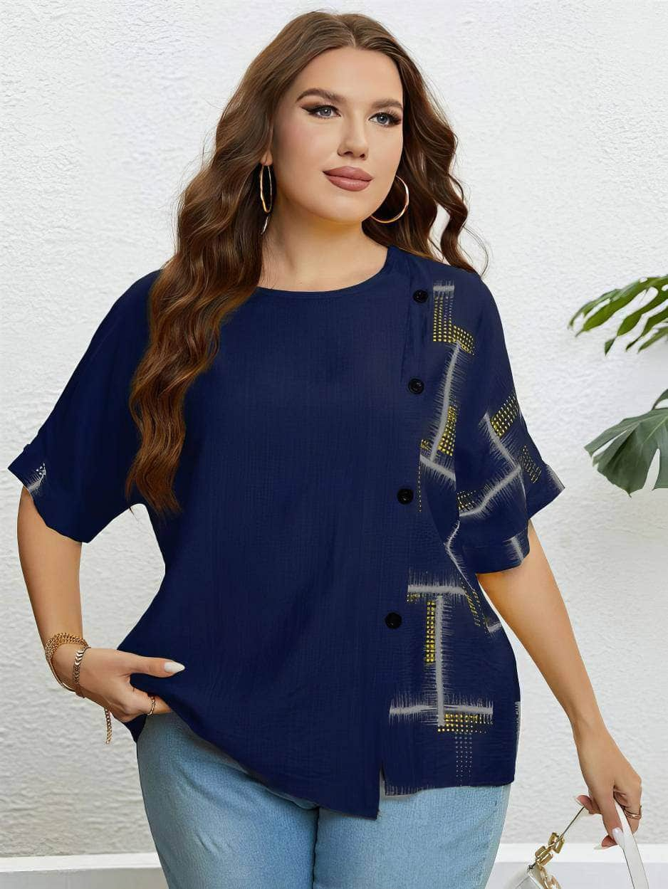 Plus Size Round Neck Geometric Print Shirt US 16-18 / Navy