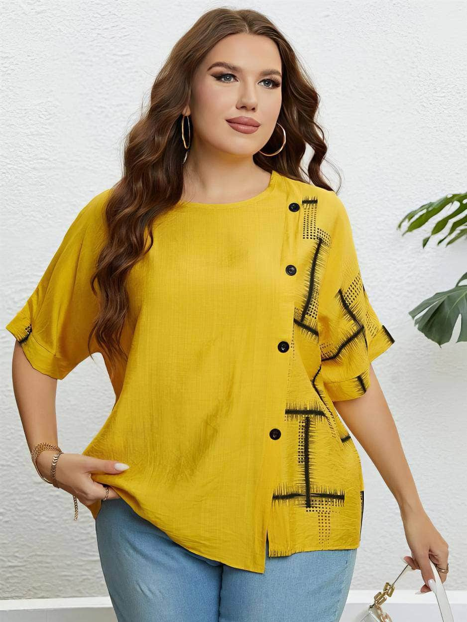 Plus Size Round Neck Geometric Print Shirt US 16-18 / Yellow