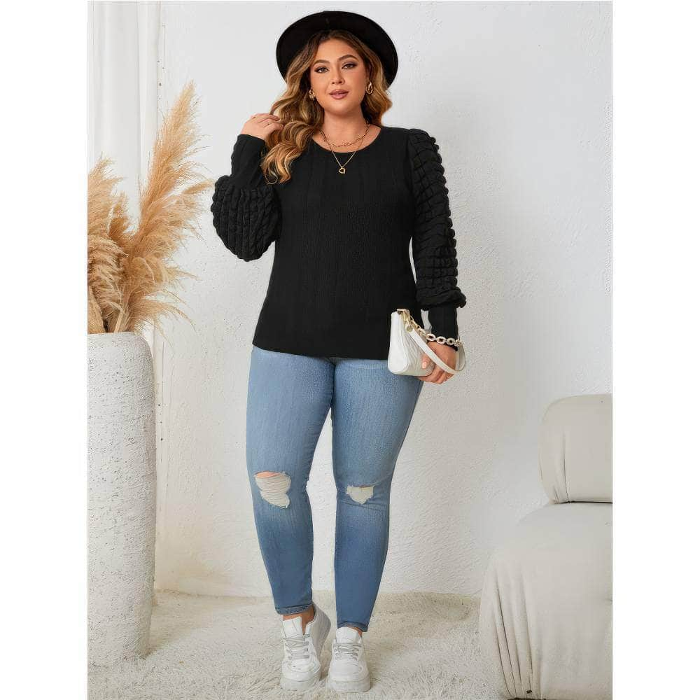 Plus Size Round Neck Lantern Sleeves Blouse