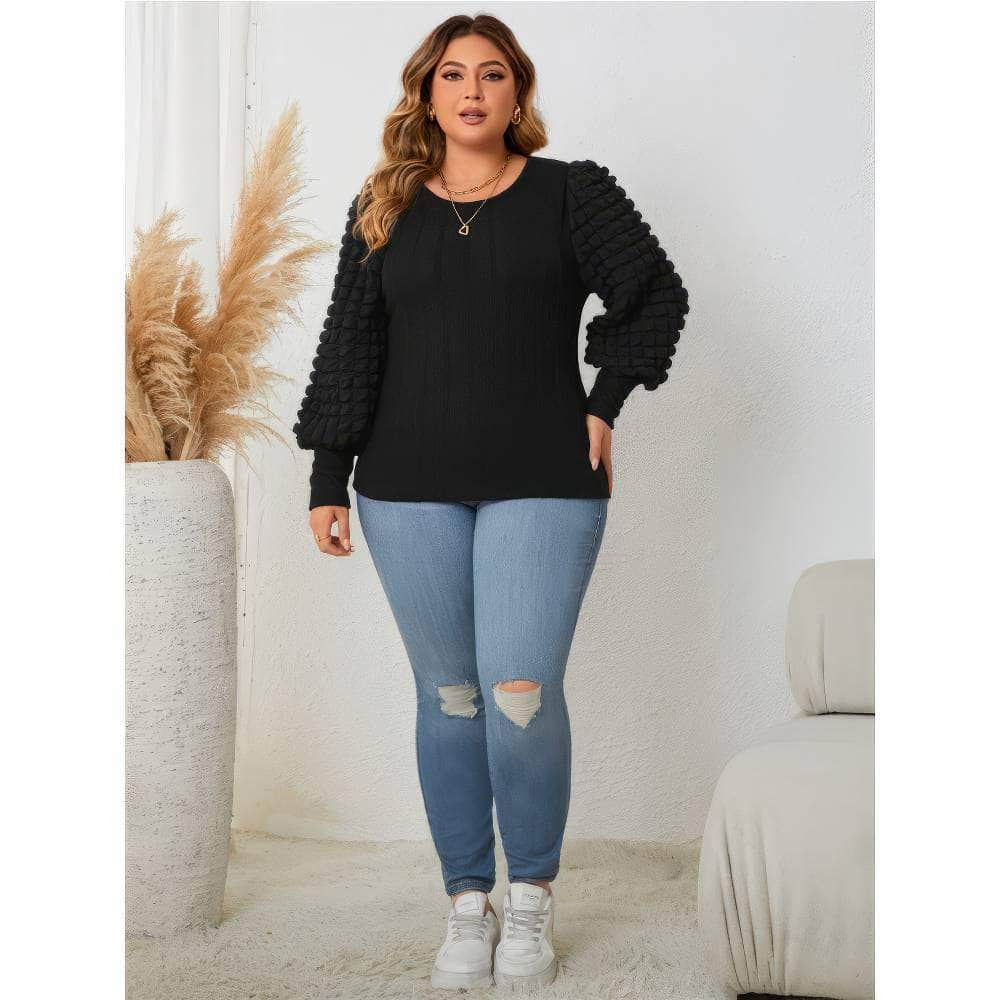 Plus Size Round Neck Lantern Sleeves Blouse