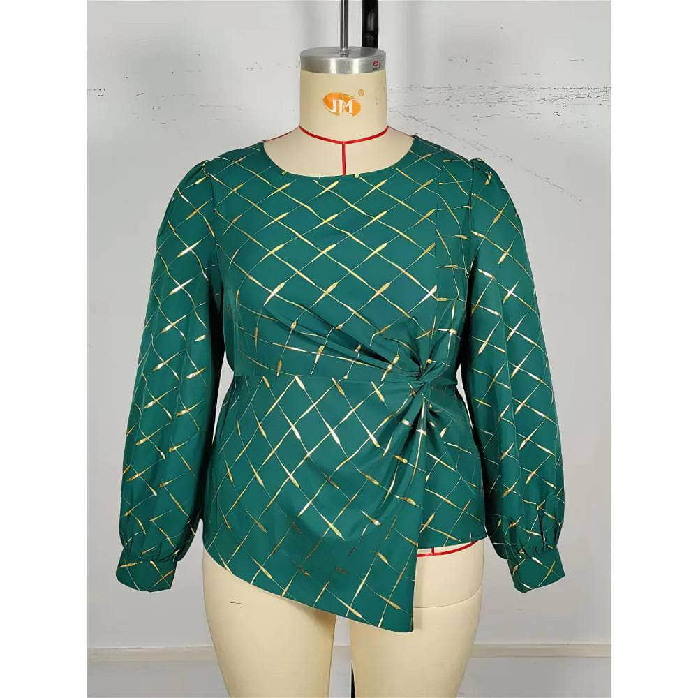 Plus Size Round Neck Lantern Sleeves Striped Sequin Knot Blouse