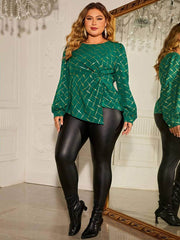 Plus Size Round Neck Lantern Sleeves Striped Sequin Knot Blouse US 16-18 / Green