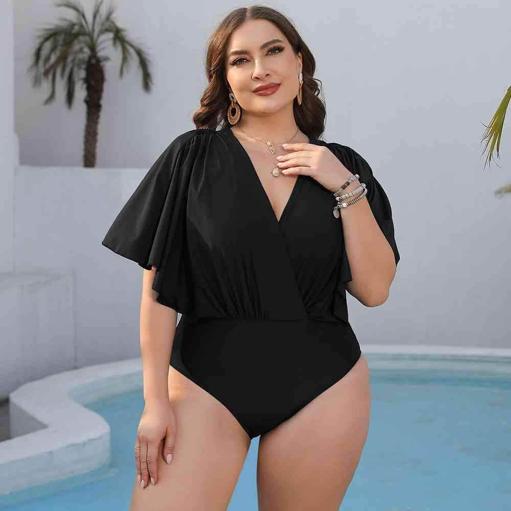 Plus Size Ruched Surplice Neck One-Piece Swimsuit