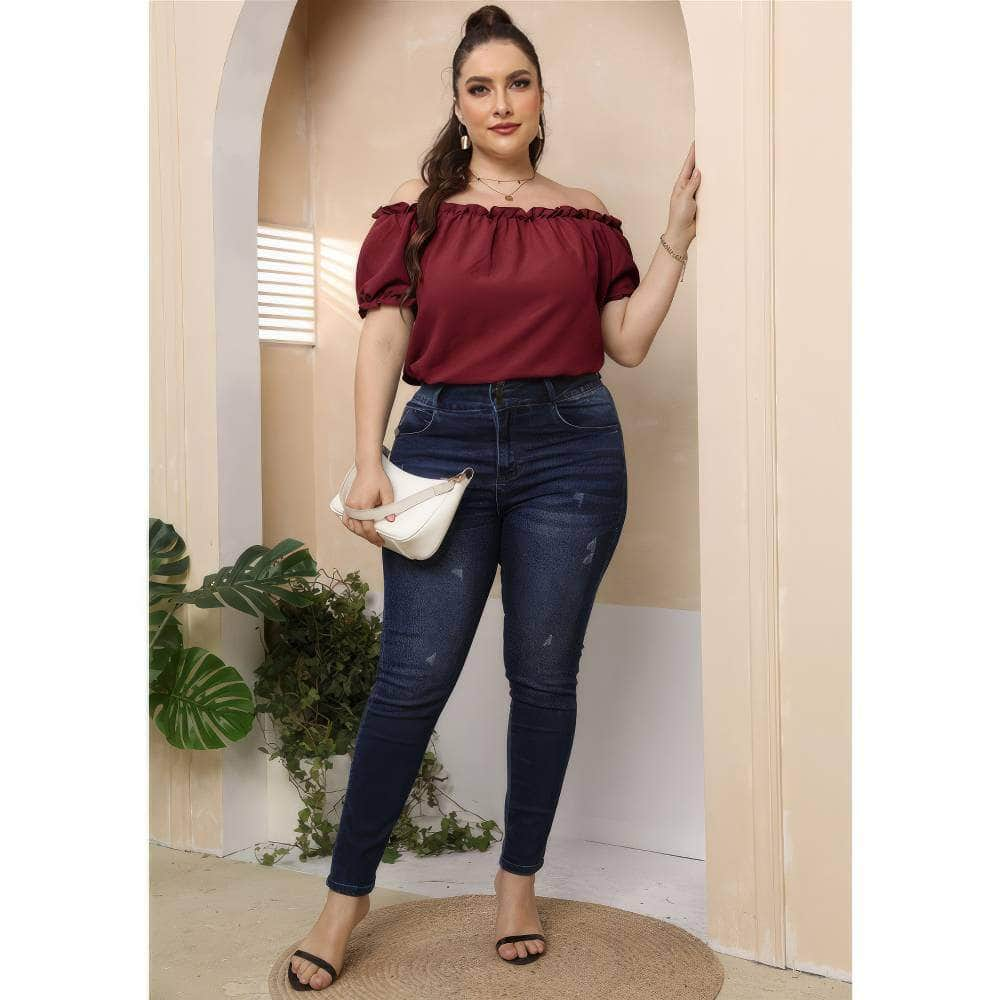 Plus Size Ruffle Trim Off-Shoulder Blouse