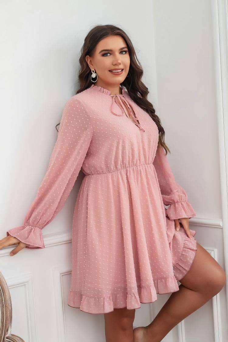 Plus Size Ruffled Hem Lace Tie Neck Dress