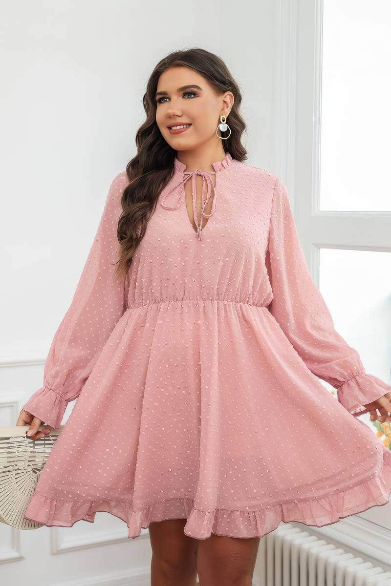 Plus Size Ruffled Hem Lace Tie Neck Dress