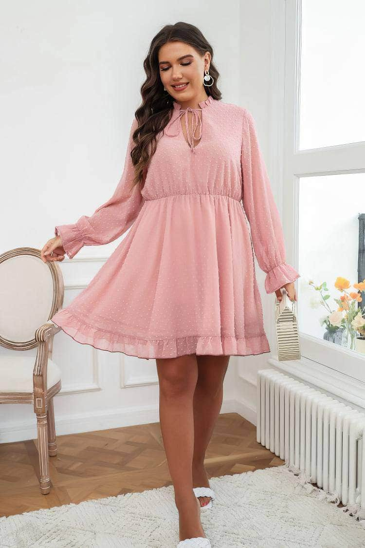 Plus Size Ruffled Hem Lace Tie Neck Dress