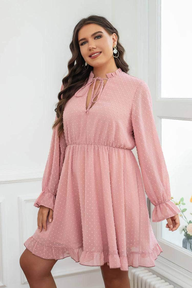 Plus Size Ruffled Hem Lace Tie Neck Dress