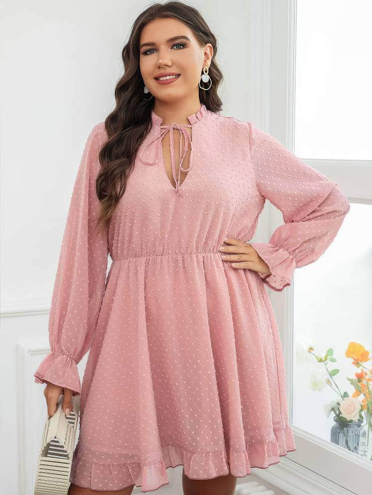 Plus Size Ruffled Hem Lace Tie Neck Dress US 16-18 / Pink