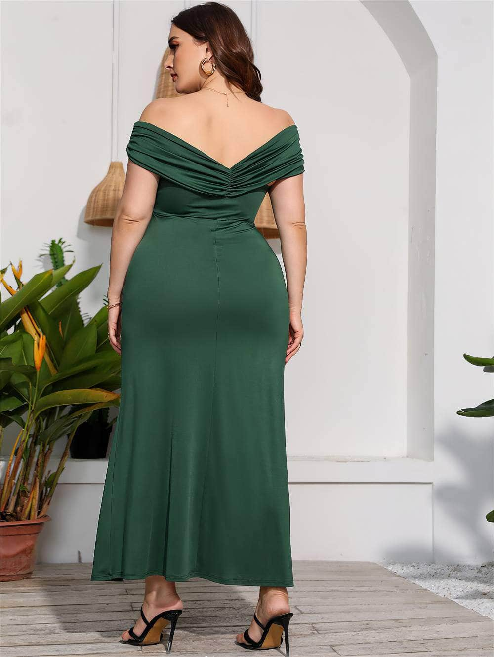 Plus Size Ruffled Off-Shoulder High Waist Side Slit Dress