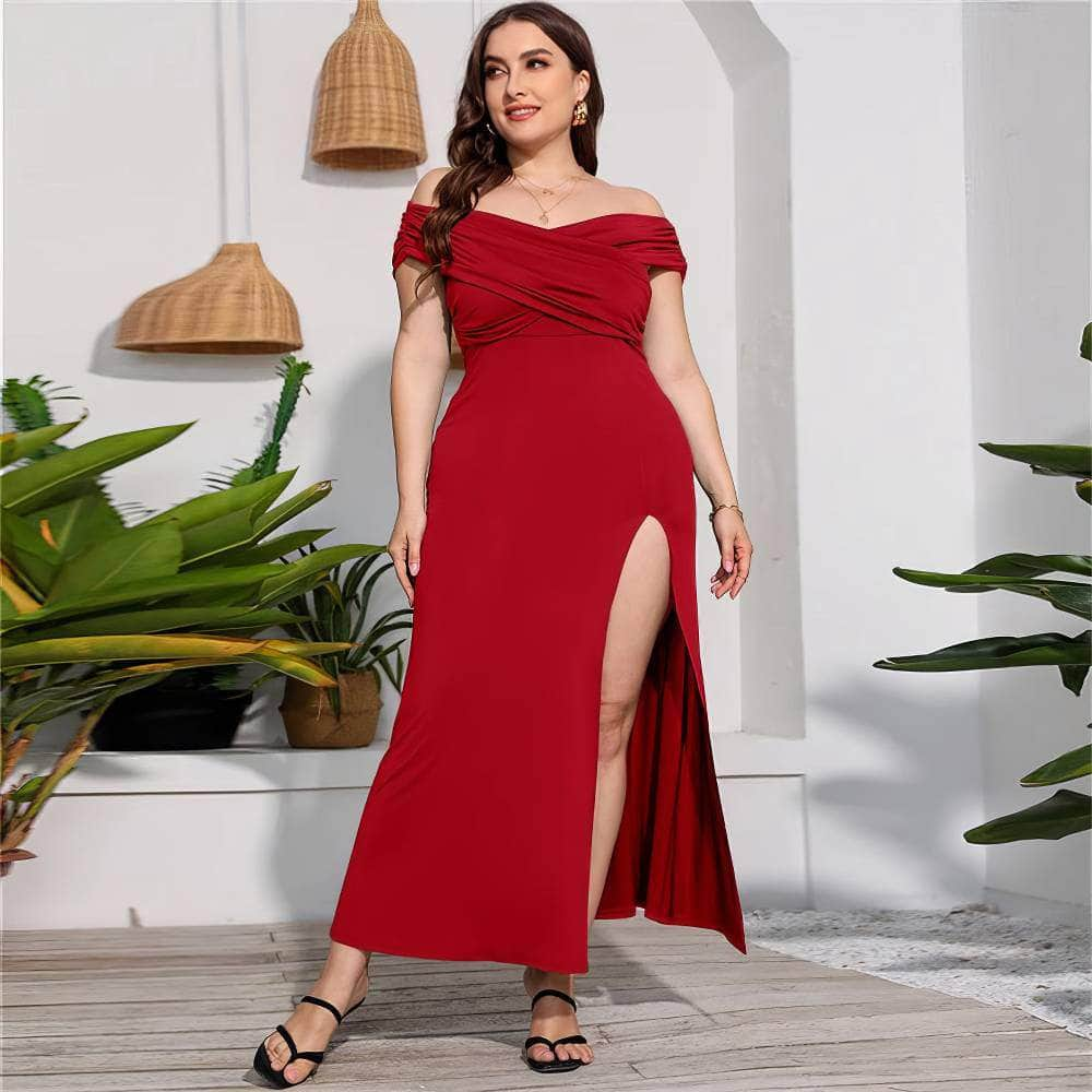 Plus Size Ruffled Off-Shoulder High Waist Side Slit Dress