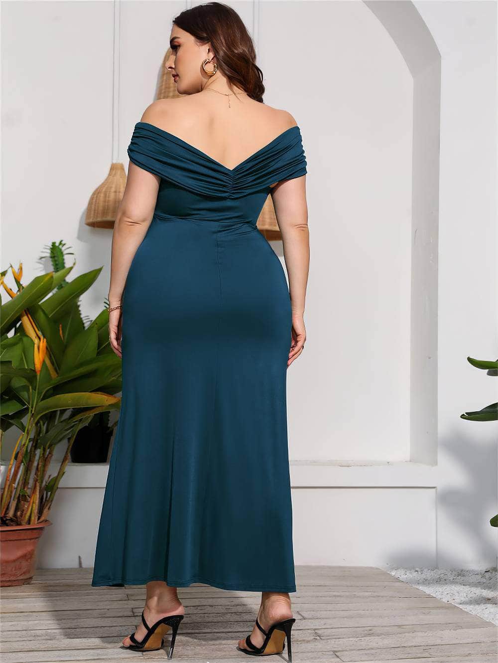Plus Size Ruffled Off-Shoulder High Waist Side Slit Dress
