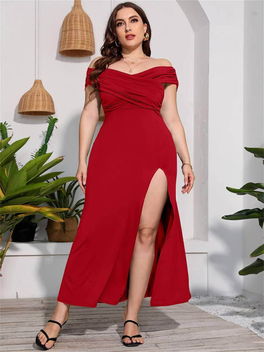 Plus Size Ruffled Off-Shoulder High Waist Side Slit Dress