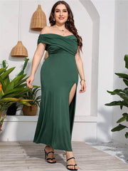 Plus Size Ruffled Off-Shoulder High Waist Side Slit Dress US 12-14 / Green