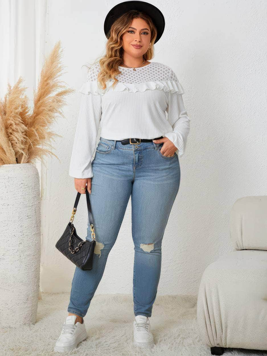 Plus Size Ruffled Round Neck Long Sleeves Blouse US 16-18 / White