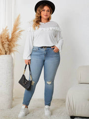 Plus Size Ruffled Round Neck Long Sleeves Blouse US 16-18 / White