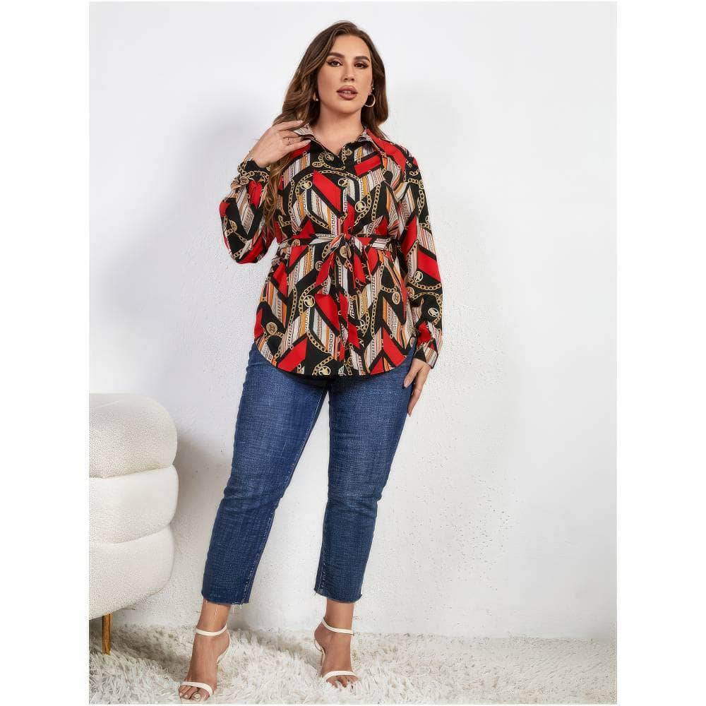 Plus Size Scarf Print Collared Waist Sash Shirt