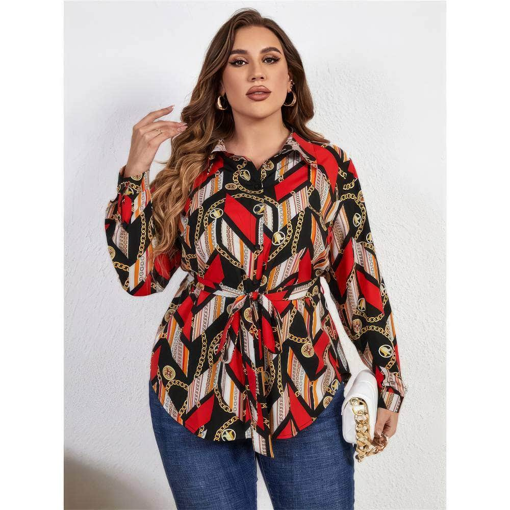 Plus Size Scarf Print Collared Waist Sash Shirt