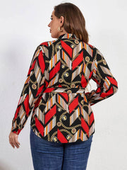 Plus Size Scarf Print Collared Waist Sash Shirt