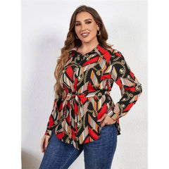 Plus Size Scarf Print Collared Waist Sash Shirt