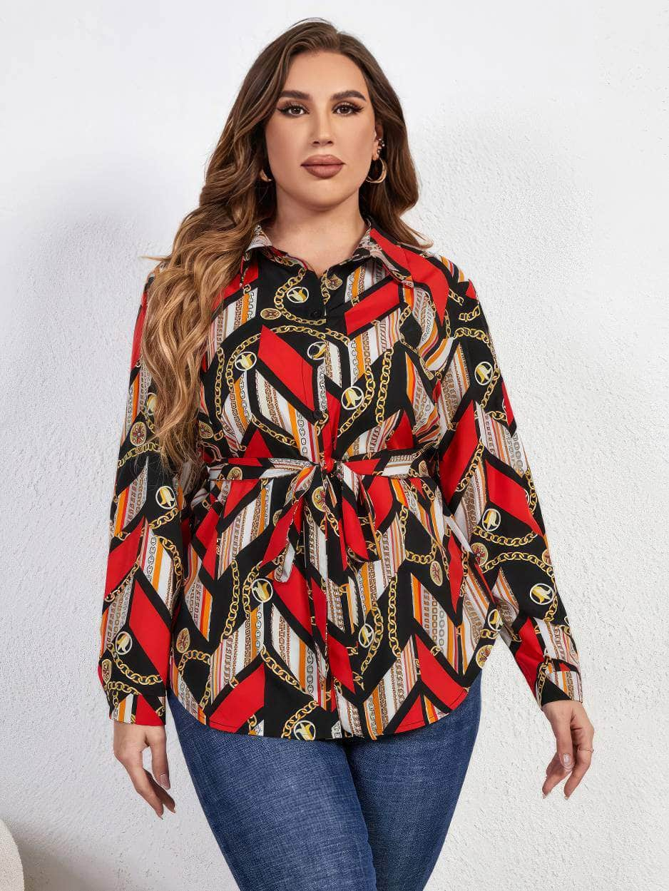 Plus Size Scarf Print Collared Waist Sash Shirt US 16-18 / Red