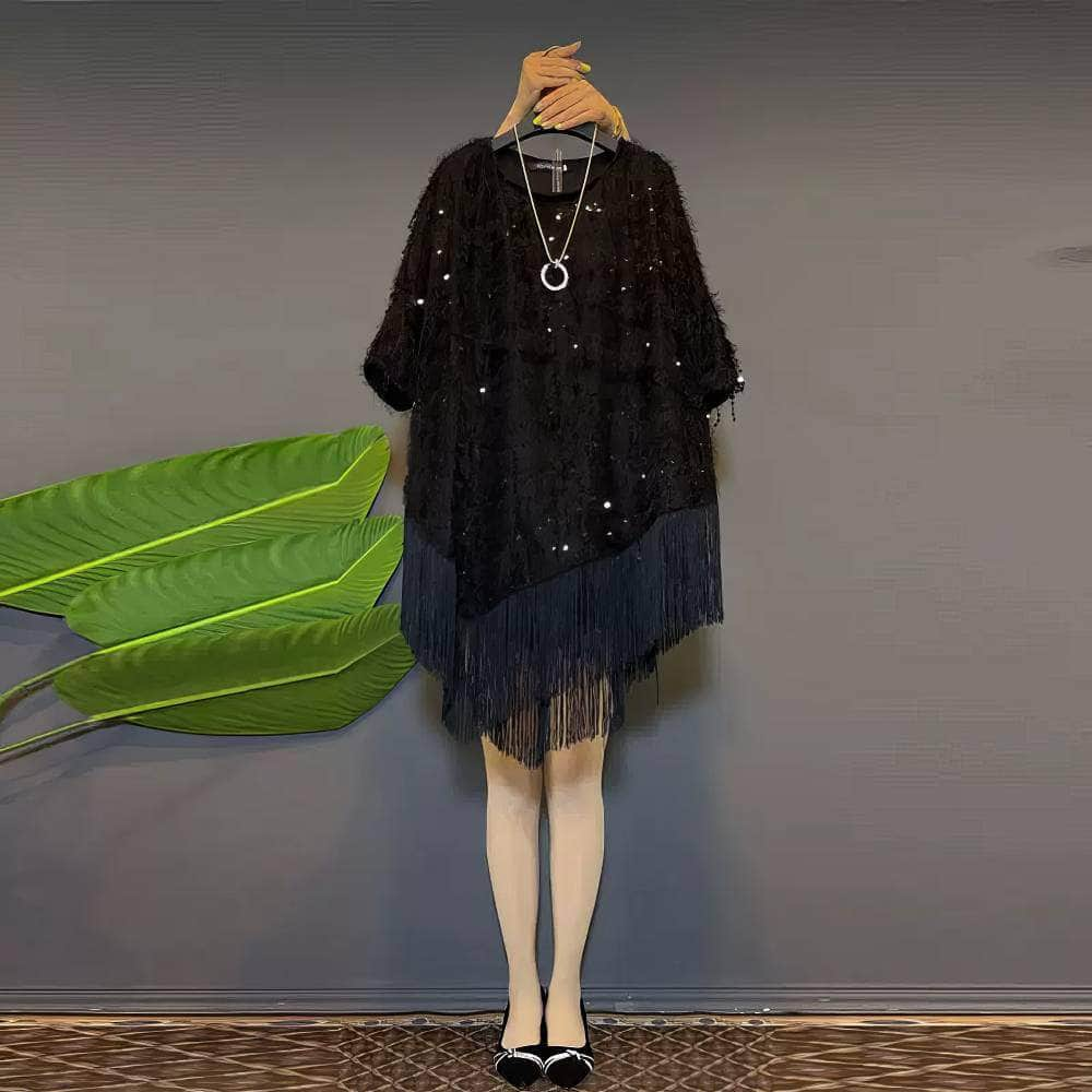 Plus Size Sequin Detailed Tassel Fringe Dress US 16-18 / Black