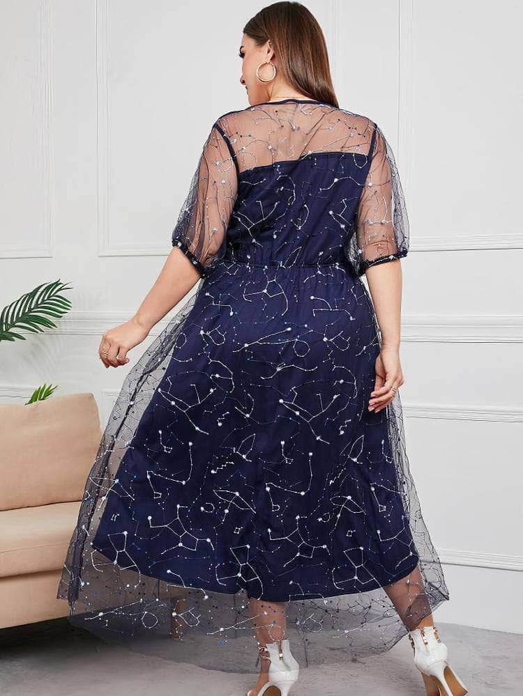 Plus Size Sequin Tulle Tea Length Dress