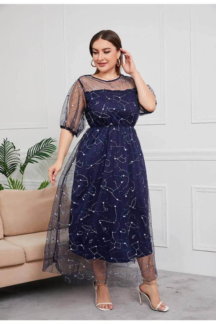 Plus Size Sequin Tulle Tea Length Dress