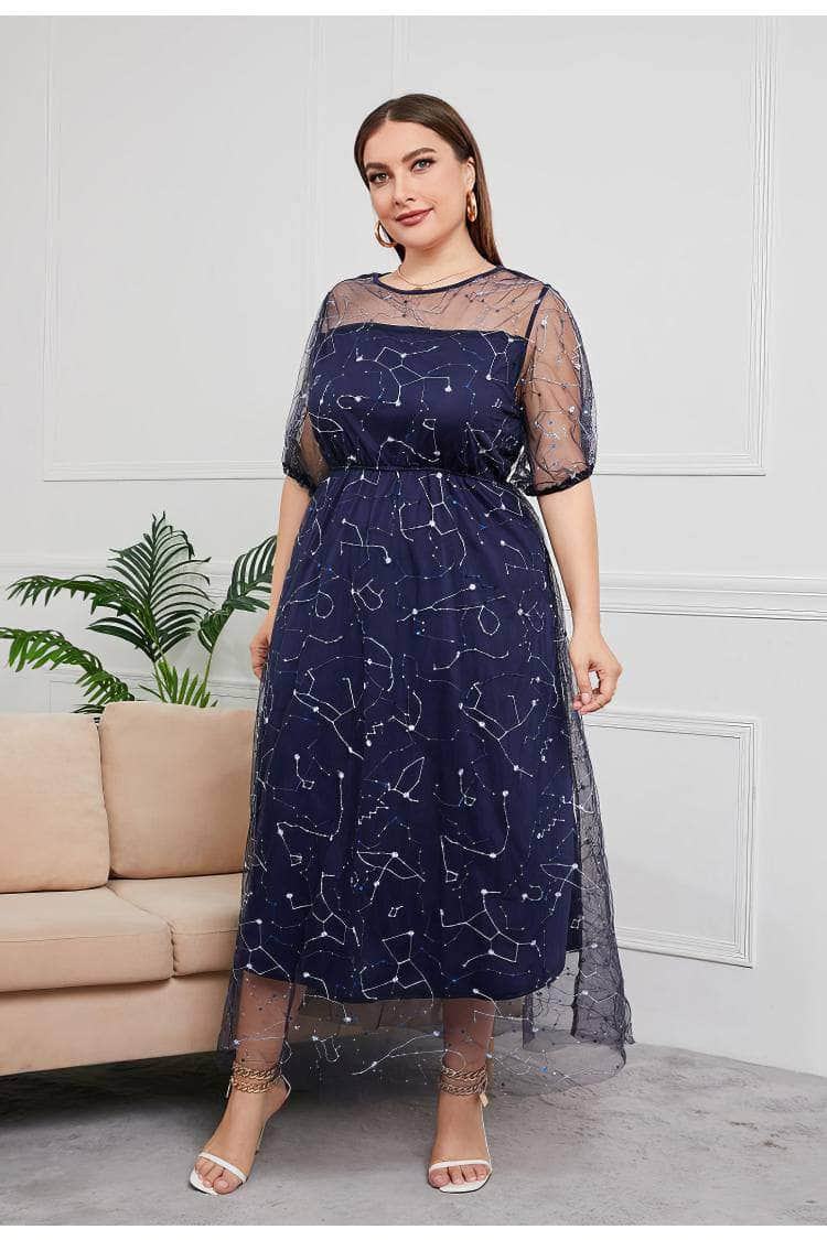 Plus Size Sequin Tulle Tea Length Dress