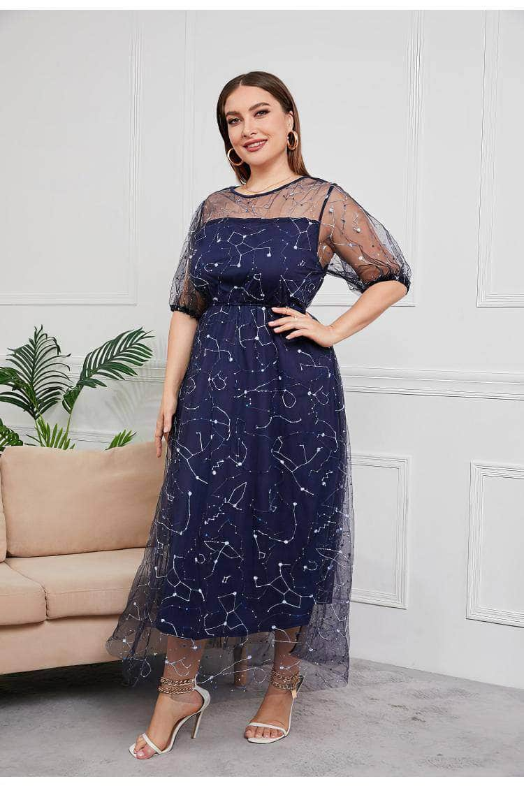 Plus Size Sequin Tulle Tea Length Dress