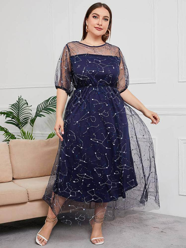 Plus Size Sequin Tulle Tea Length Dress US 12-14 / Blue