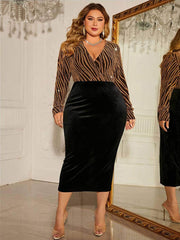 Plus Size Sequin Zebra Stripe Surplice Neckline Velvet Dress US 16-18 / Gold