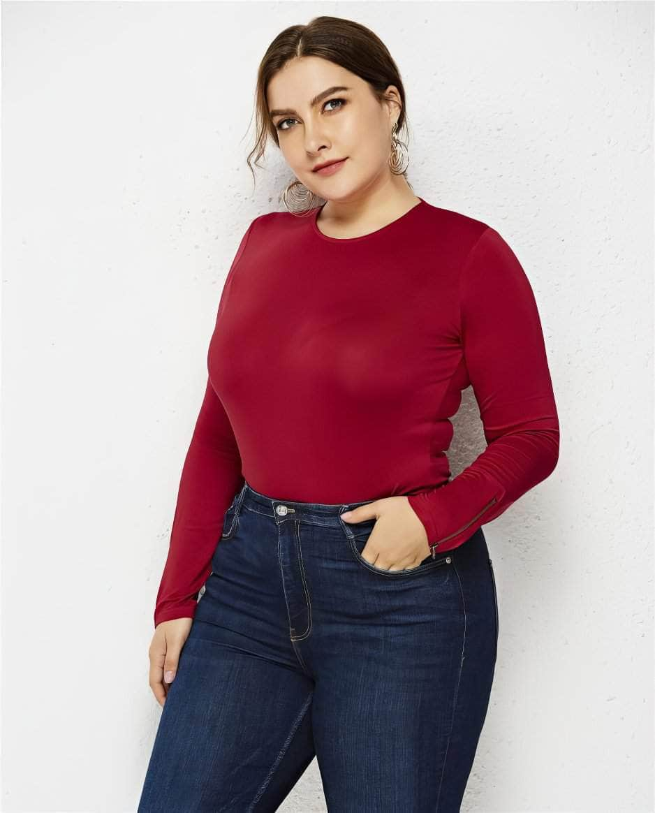 Plus Size Solid Color Long Sleeves Bodysuit US 4-6 / DarkRed