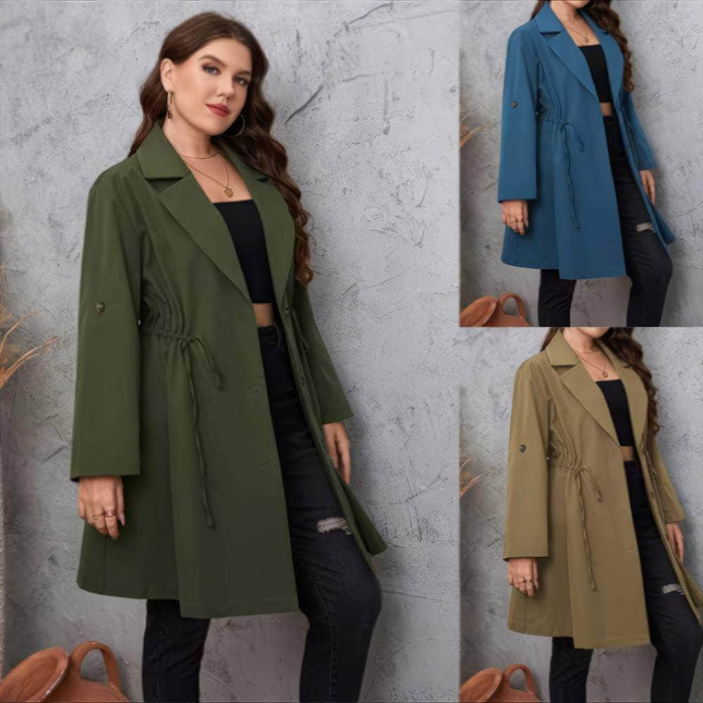 Plus Size Solid Lapel Drawstring Coat