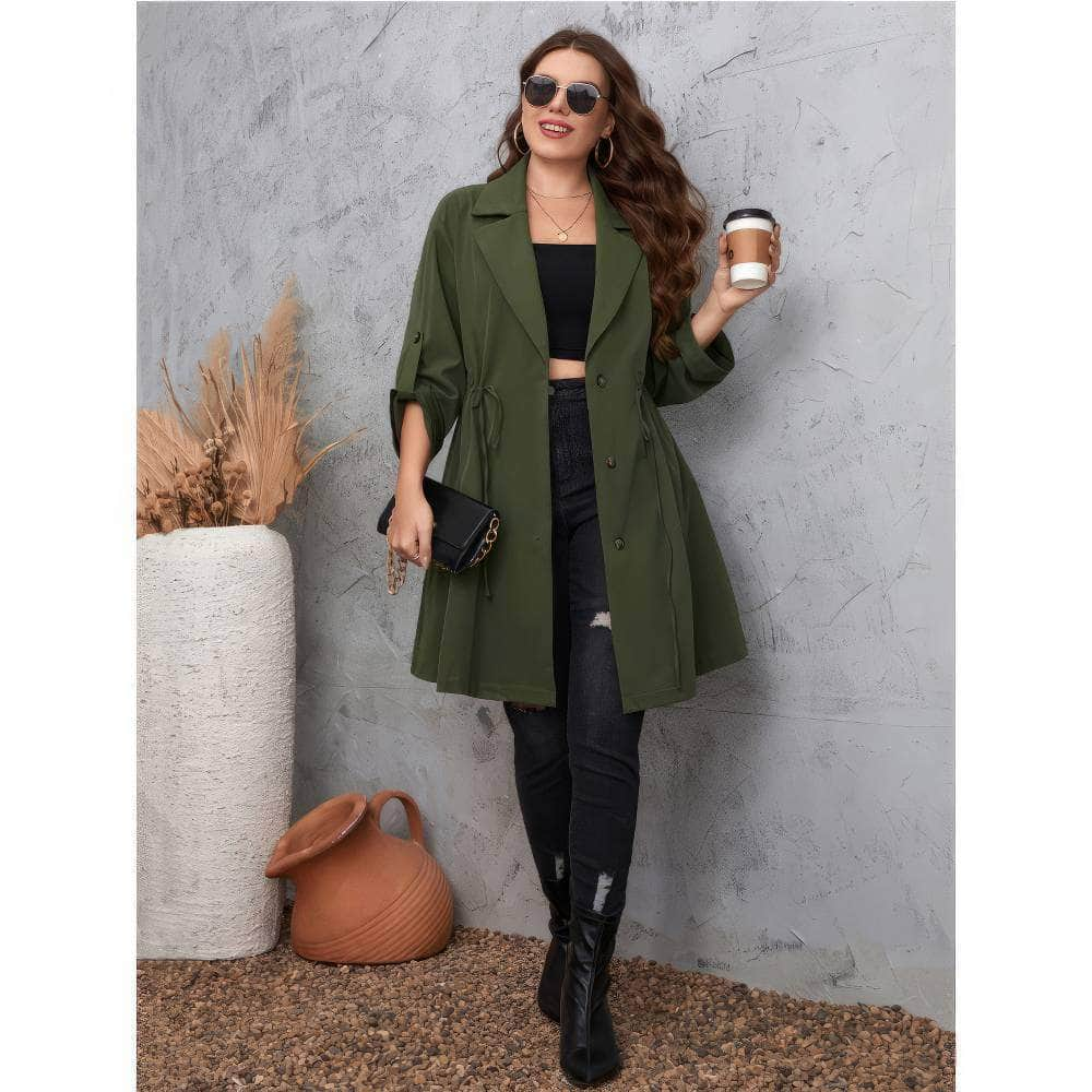 Plus Size Solid Lapel Drawstring Coat