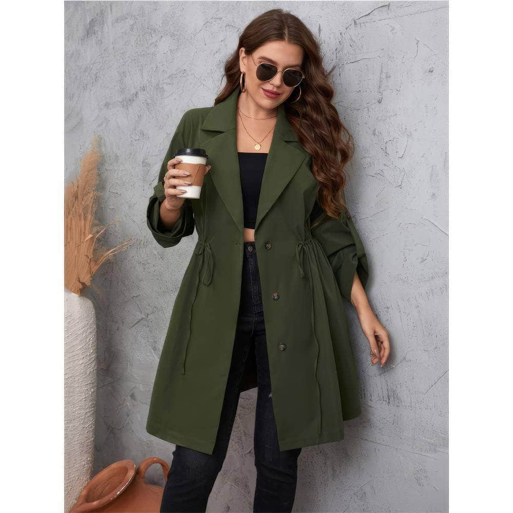 Plus Size Solid Lapel Drawstring Coat