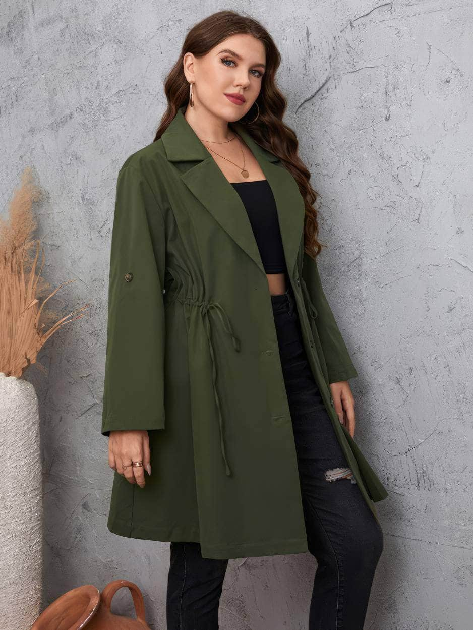 Plus Size Solid Lapel Drawstring Coat US 16-18 / Green