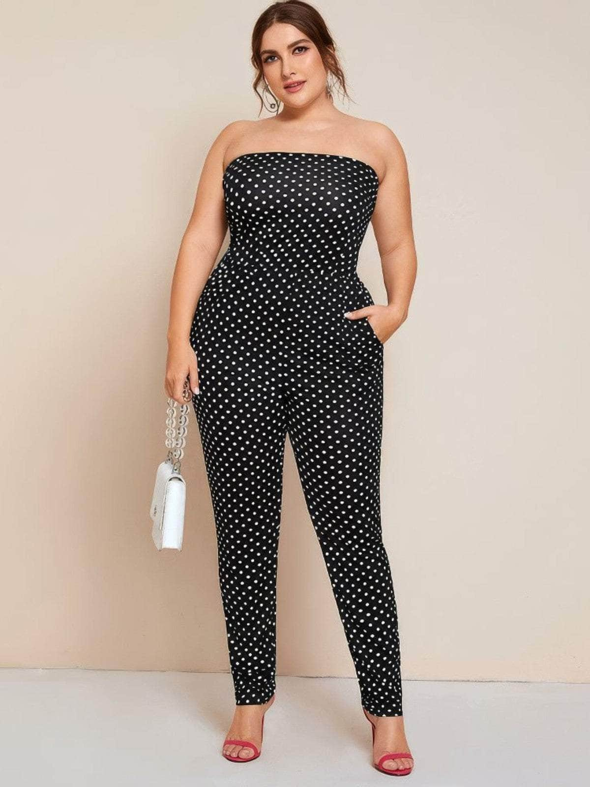 Plus Size Strapless Tubed Polka Dot Jumpsuit US 16-18 / Black