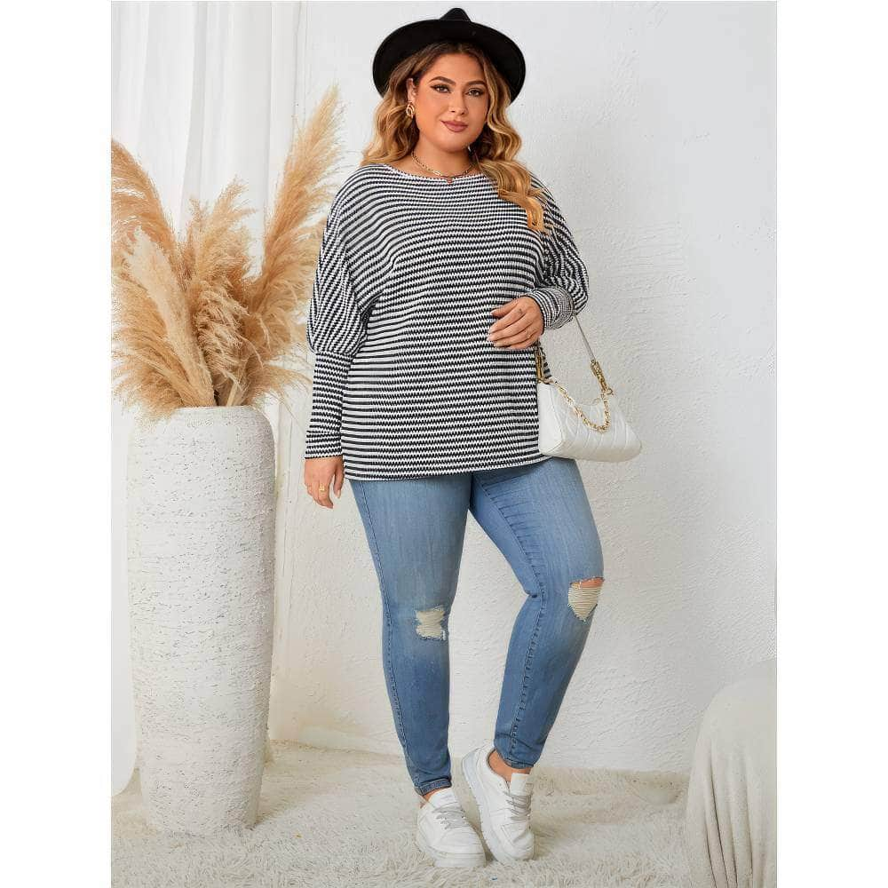 Plus Size Striped Long Sleeves Two-Toned Sweater Top