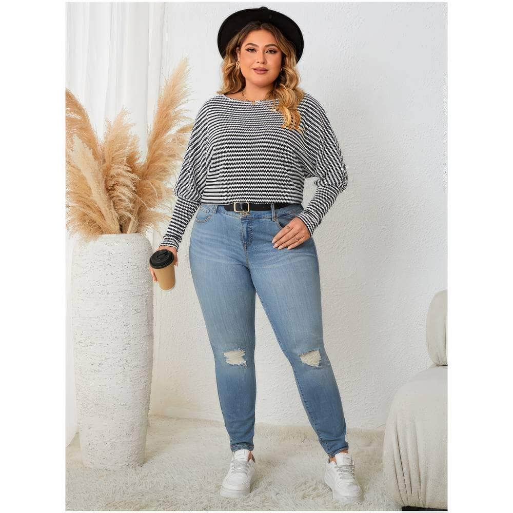 Plus Size Striped Long Sleeves Two-Toned Sweater Top