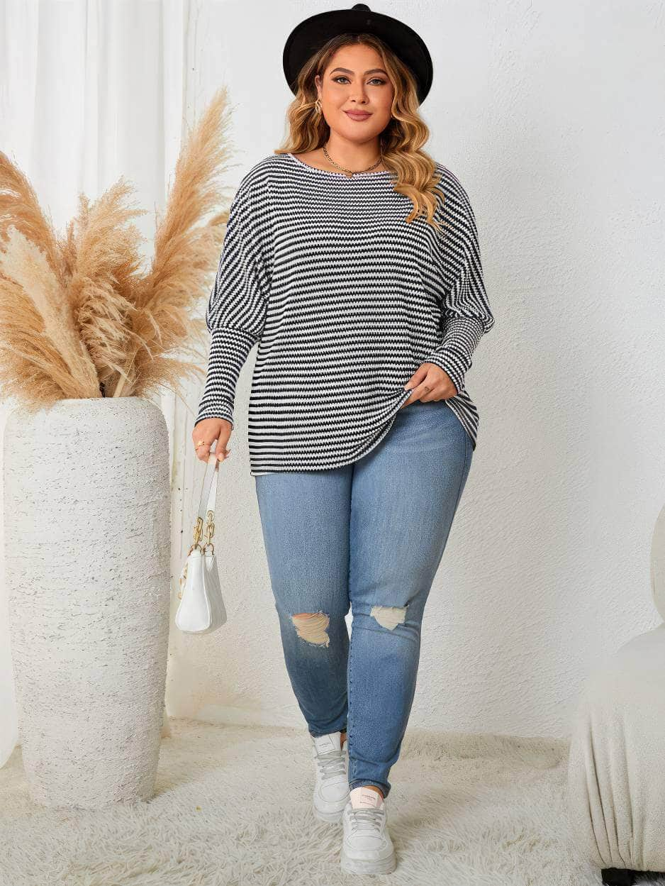 Plus Size Striped Long Sleeves Two-Toned Sweater Top US 16-18 / Black