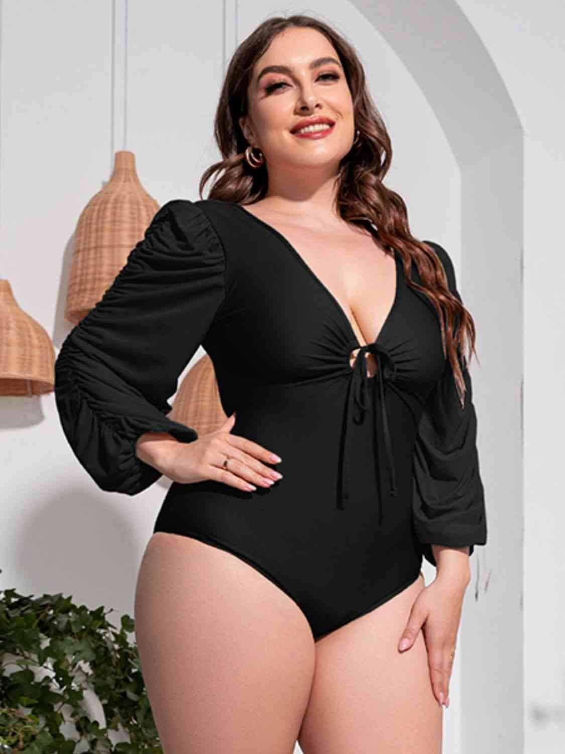 Plus Size Tied Deep V Balloon Sleeve One-Piece Swimsuit Black / 2XL