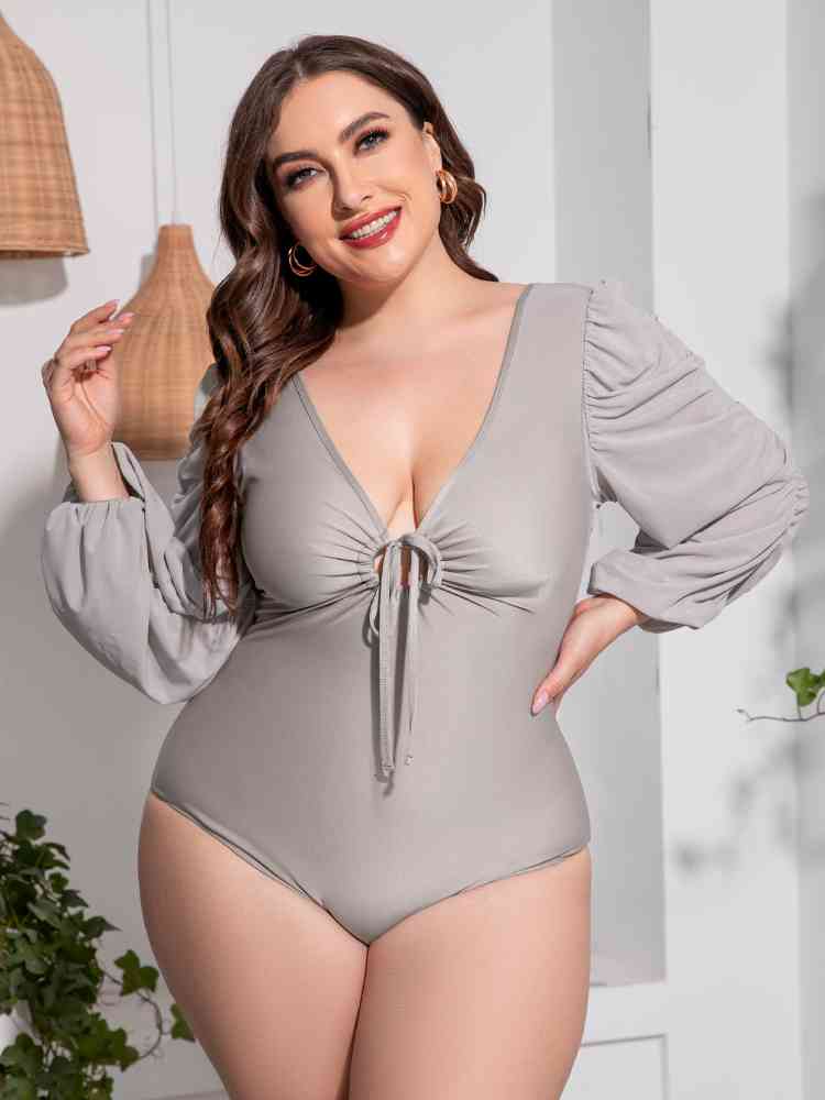 Plus Size Tied Deep V Balloon Sleeve One-Piece Swimsuit Light Gray / 2XL